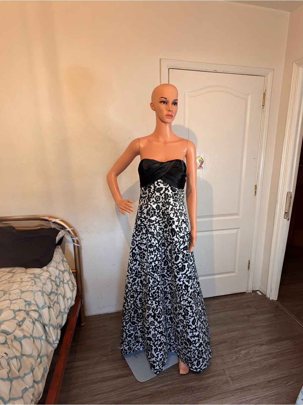 Black and White Strapless Floral Evening Dress